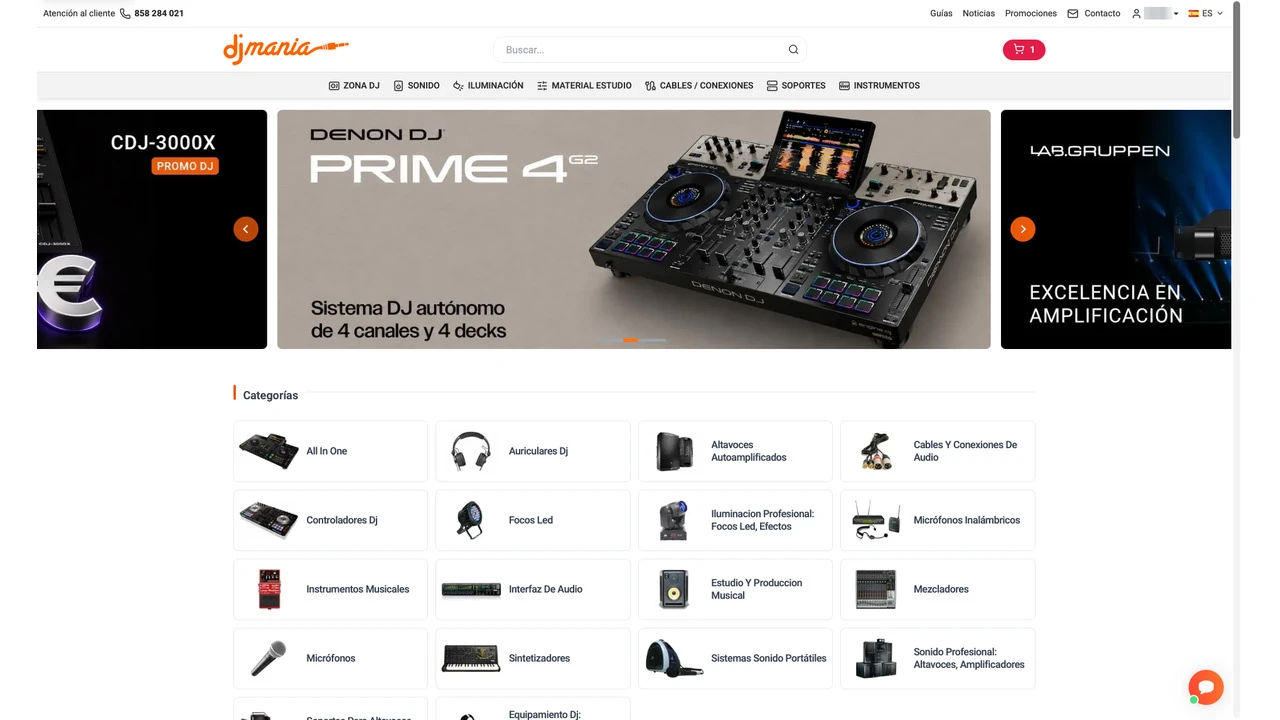 P&aacute;gina de inicio de DJMania con el nombre de usuario en la esquina superior derecha