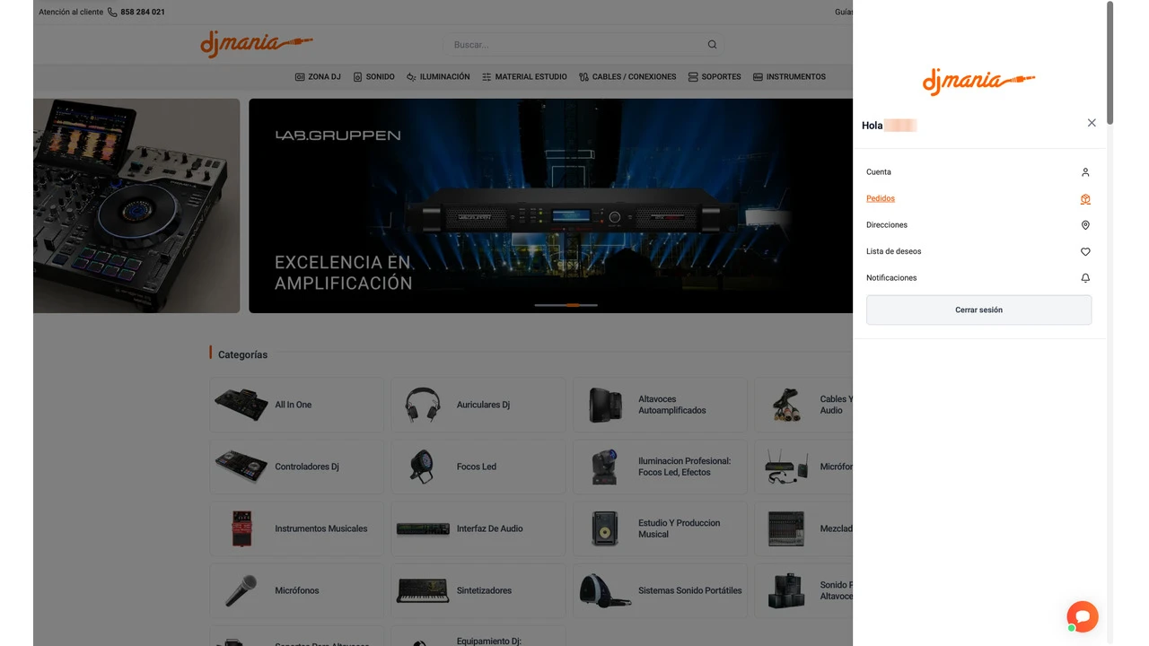 Panel lateral de la cuenta con las opciones Cuenta, Pedidos, Direcciones, Lista de deseos y Notificaciones