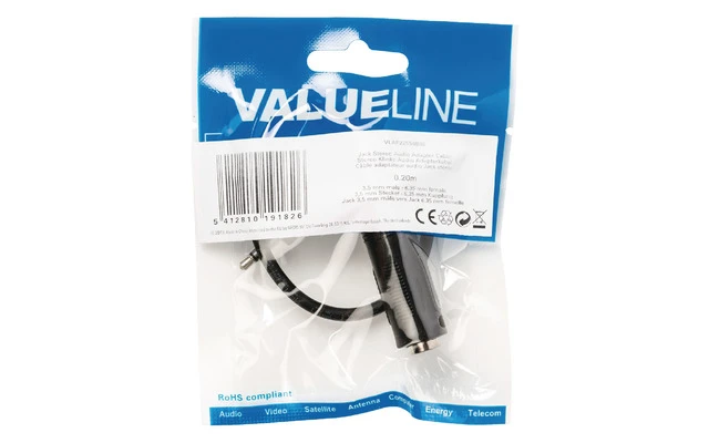 Cable adaptador de audio jack estéreo de 3.5 mm macho - 6.35 mm hembra de 0.20 m en color negro