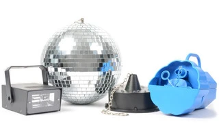BeamZ Conjunto Disco IV Maqunina de burbujas, Strobo LED y Bola de espejos con motor