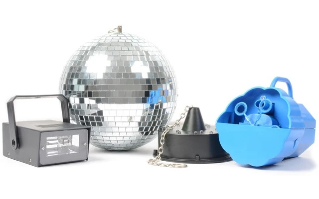 BeamZ Conjunto Disco IV Maqunina de burbujas, Strobo LED y Bola de espejos con motor