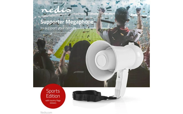 Megáfono para Hinchas - 100 dB - Alcance de 100 m - Adhesivos de País - Blanco