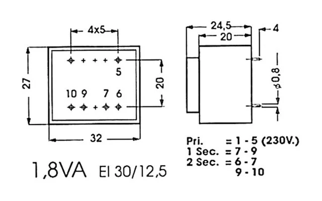 TRANSFORMADOR ENCAPSULADO 1.8VA 2 x 6V / 2 x 0.150A