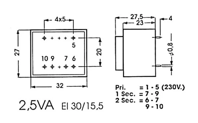 TRANSFORMADOR ENCAPSULADO 2.5VA 1 x 24V / 1 x 0.104A