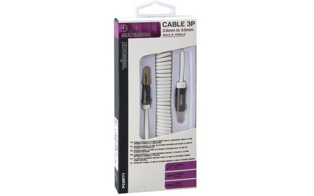 Cable espiral 3.5 mm estéreo macho a 3 polos a 3.5 mm estéreo hembra 3 polos - color blanco - 2m