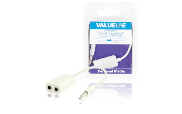 Cable divisor con jack de audio estéreo, 3,5 mm macho - 2x 3,5 mm hembra, blanco 0,20 m