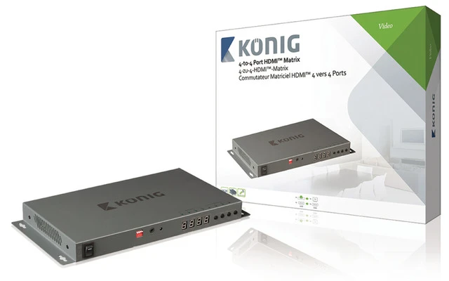 Matriz HDMI de 4 a 4 puertos con 4 entradas HDMI y 4 salidas HDMI en color gris oscuro