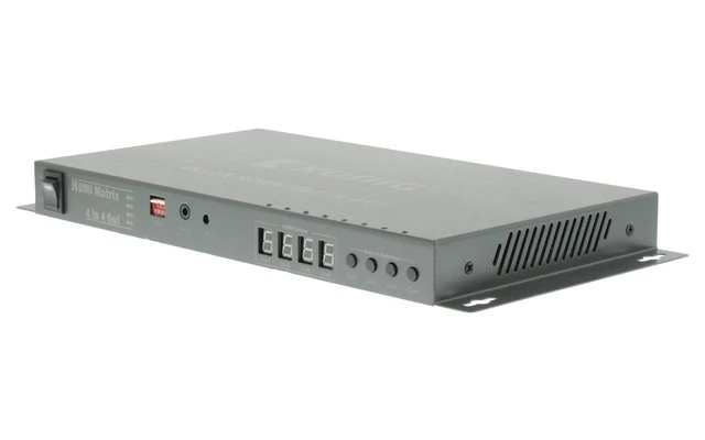 Matriz HDMI de 4 a 4 puertos con 4 entradas HDMI y 4 salidas HDMI en color gris oscuro