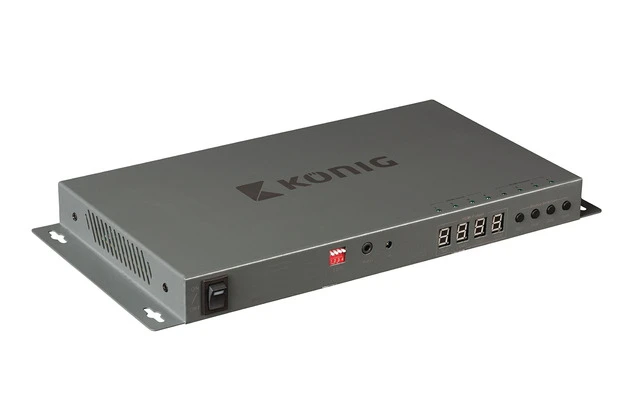 Matriz HDMI de 4 a 4 puertos con 4 entradas HDMI y 4 salidas HDMI en color gris oscuro