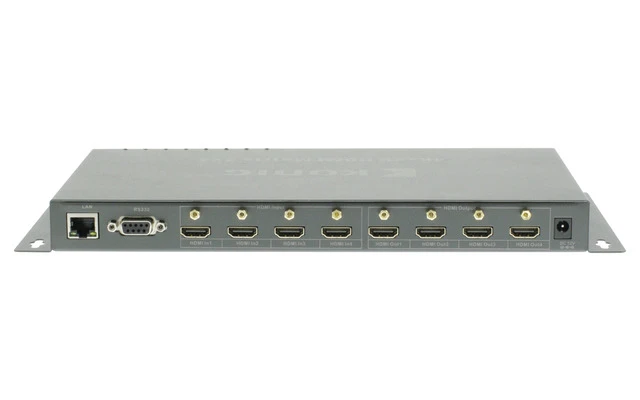 Matriz HDMI de 4 a 4 puertos con 4 entradas HDMI y 4 salidas HDMI en color gris oscuro