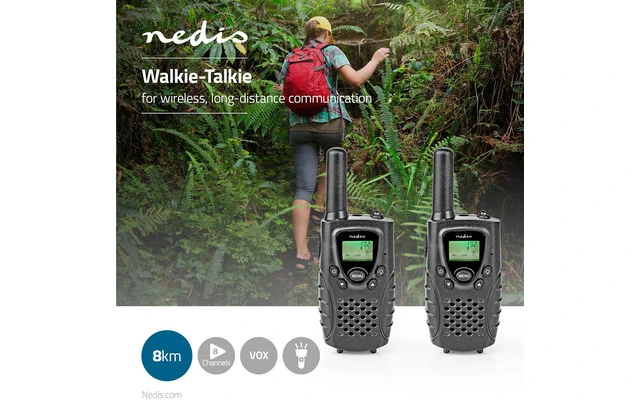 Walkie-Talkie - Alcance de 8 km - 8 Canales - VOX - 2 Unidades - Negro