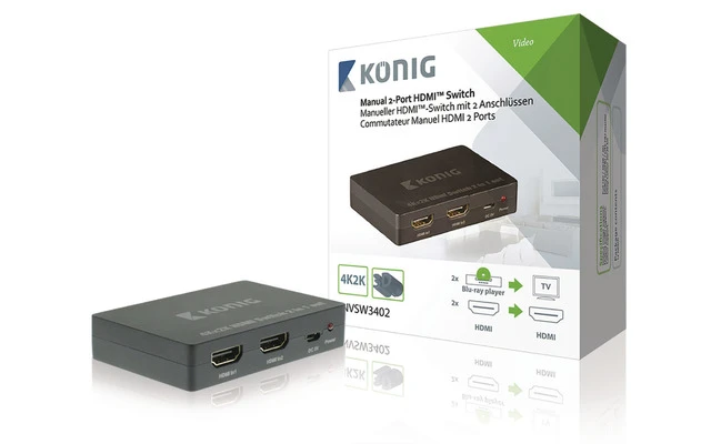 Conmutador manual HDMI de 2 puertos con 2 entradas HDMI y salida HDMI en color gris oscuro