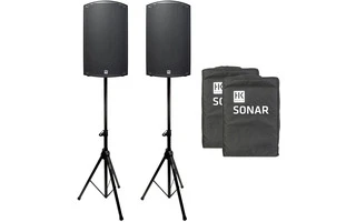 2x HK Audio Sonar 115Xi con fundas y trípodes de altavoz