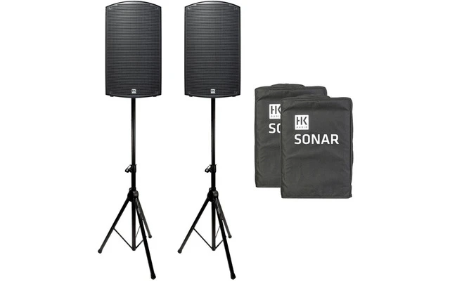2x HK Audio Sonar 115Xi con fundas y trípodes de altavoz