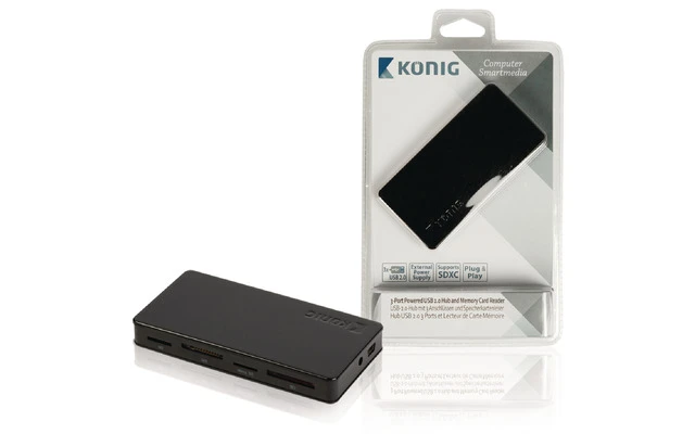 Concentrador USB 2.0 de 3 tomas y lector de tarjetas de memoria con alimentación