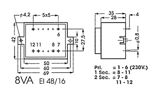 TRANSFORMADOR ENCAPSULADO 8VA 2 x 9V / 2 x 0.450A