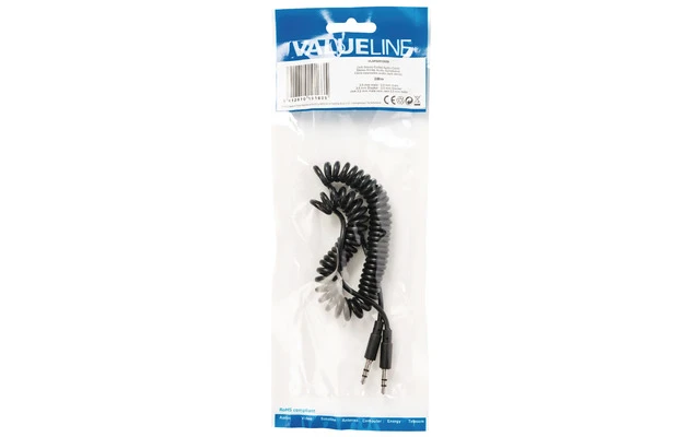 Cable de audio jack estéreo en espiral de 3.5 mm macho - 3.5 mm macho de 2.00 m en color negro