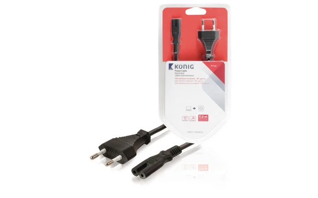 Cable de alimentación CEE 7/16 (euroconector) - IEC-320-C7 de 5,00 m en negro