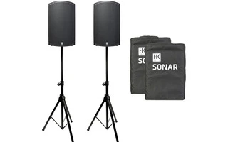 2x HK Audio Sonar 112Xi con fundas y trípodes de altavoz