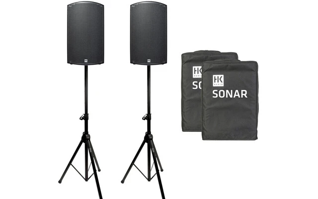 2x HK Audio Sonar 112Xi con fundas y trípodes de altavoz