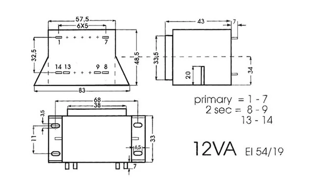 TRANSFORMADOR CON CHAPA 12VA 2 x 24V / 2 x 0.250A