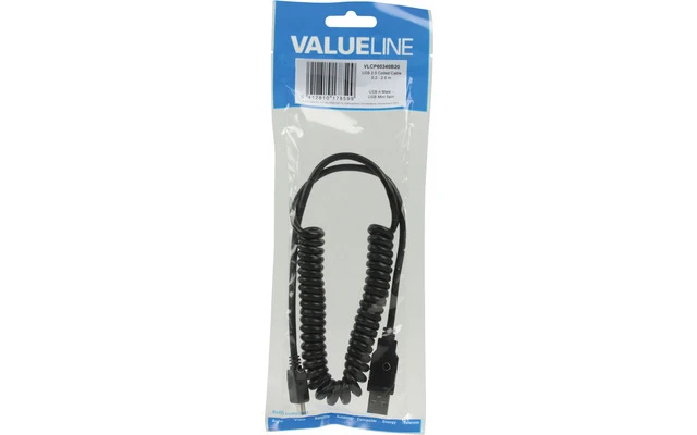 Cable en espiral USB 2.0, USB A Macho - Mini-USB 5-Pines Macho, de 2 m