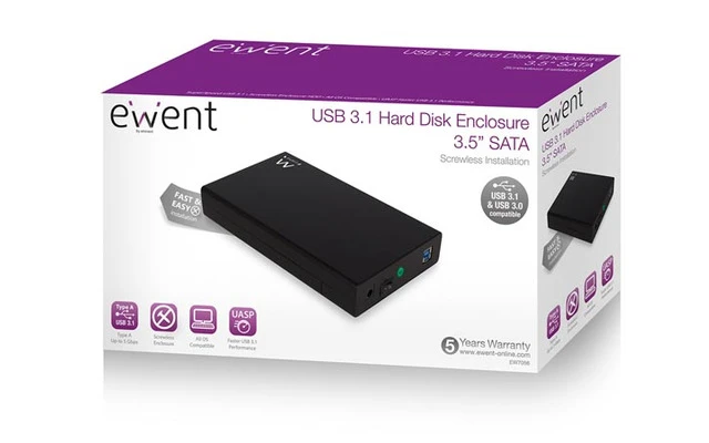 EWENT - CARCASA PARA UNIDAD DE DISCO DURO SATA DE 3,5 PULGADAS SIN TORNILLOS USB 3.1 GEN1 (USB 3