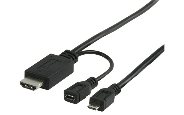 Cable MHL, USB 5-pines Micro B macho – conector HDMI + USB Micro B hembra, 1,00 m, negro