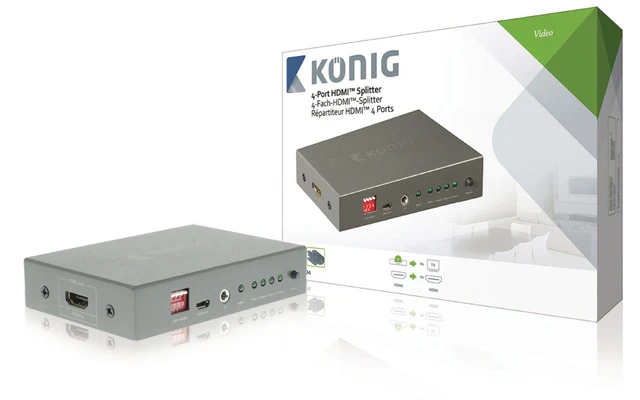 Divisor HDMI de 4 puertos con entrada HDMI y 4 salidas HDMI en color gris oscuro
