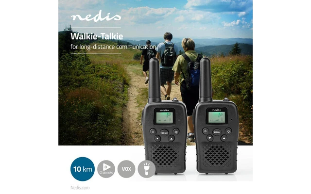 Walkie-Talkie - Alcance de 10 km - 8 Canales - VOX - Pilas recargables - 2 Unidades - Negro