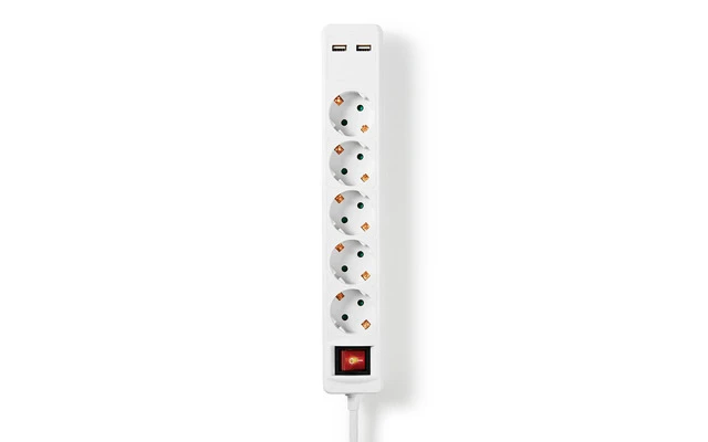 Regleta de Nedis - 5 Tomas Schuko - 2x USB - 1,5 m - Interruptor de Encendido/Apagado - Blanco -