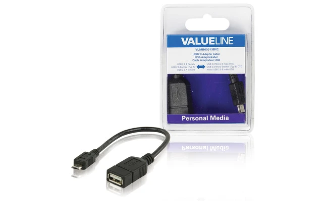 Cable adaptador USB, USB 2.0 A hembra - USB 2.0 micro B macho OTG, negro 0,20 m