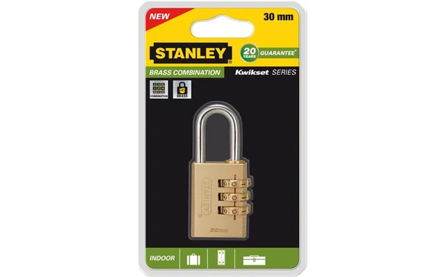 STANLEY - CANDADO DE COMBINACIÓN - LATÓN MACIZO - 30 mm - 3 DÍGITOS