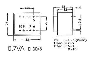 TRANSFORMADOR ENCAPSULADO 0.7VA  2 x 9V / 2 x 0.039A