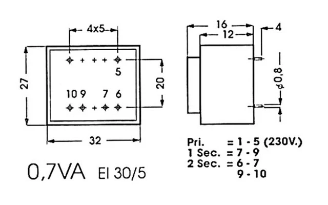 TRANSFORMADOR ENCAPSULADO 0.7VA  2 x 9V / 2 x 0.039A