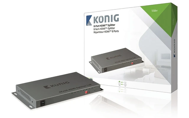 Divisor HDMI de 8 puertos con entrada HDMI y 8 salidas HDMI en color gris oscuro