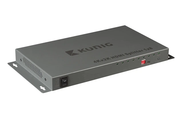 Divisor HDMI de 8 puertos con entrada HDMI y 8 salidas HDMI en color gris oscuro