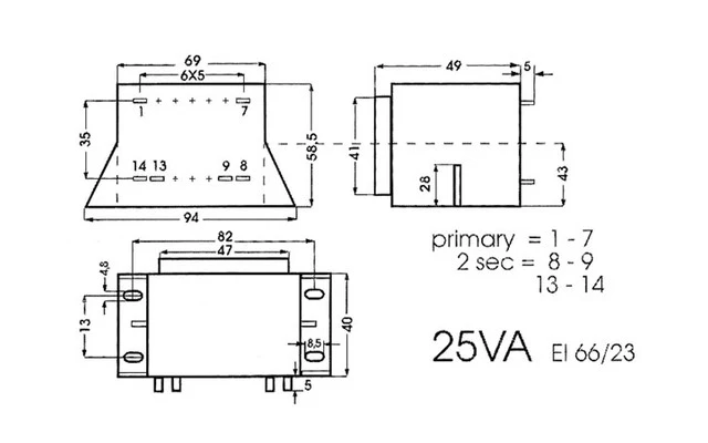 TRANSFORMADOR CON CHAPA 25VA 2 x 12V / 2 x 1.042A