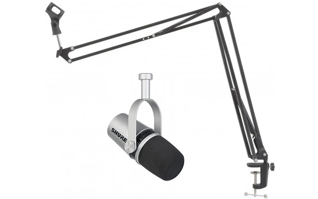 Shure MV7 Plata + Soporte largo de micrófono para broadcast
