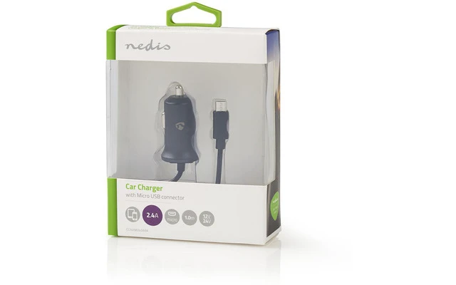 Cargador para Coche - 2,4 A - Cable fijo - Micro USB - Negro - Nedis CCHAM240ABK