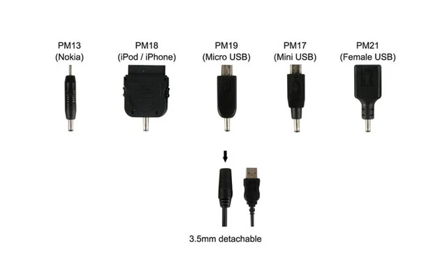 CABLE DE RECARGA USB A CONECTOR 3.5mm HEMBRA + 5 CONECTORES