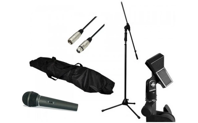 Conjunto de micrófono con soporte , bolsa , pinza y cable canon 6 metros