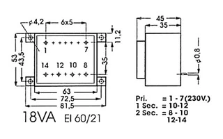 TRANSFORMADOR ENCAPSULADO 18VA 2 x 18V / 2 x 0.556A