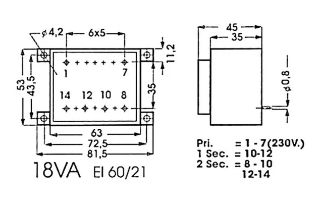 TRANSFORMADOR ENCAPSULADO 18VA 2 x 18V / 2 x 0.556A