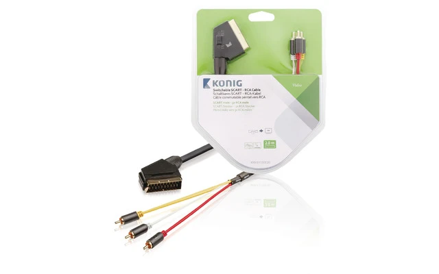 Cable SCART - RCA conmutable de SCART macho a 3x RCA macho de 2,00 m en gris - König KNV31130E20