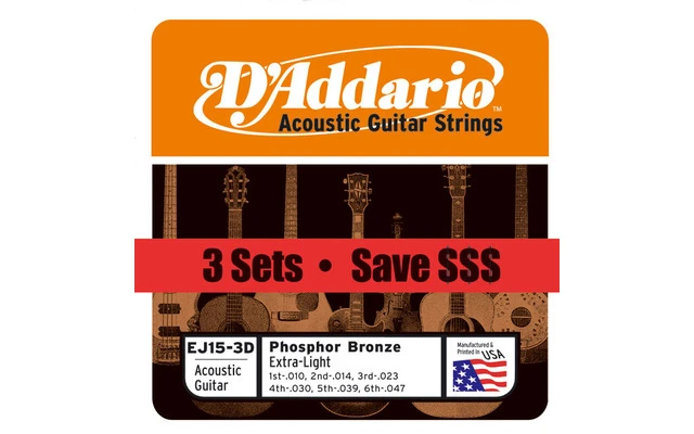 DAddario EJ15 - Phosphor Bronze Extra Light (pack 3 juegos)