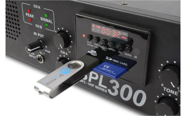 SkyTec SPL 300VHFMP3 Amplificador con LEDs Ámbar + EQ Negro