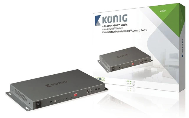 Matriz HDMI de 4 a 2 puertos con 4 entradas HDMI y 2 salidas HDMI en color gris oscuro
