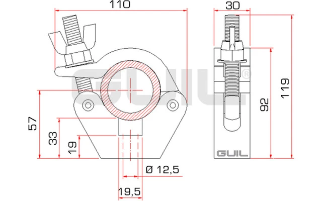 GUIL ABZ-29N Abrazadera de aluminio color Negro, para tubo de Ø 45-52 mm, carga: 500 Kg