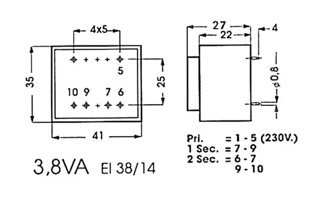 TRANSFORMADOR ENCAPSULADO 3.8VA 2 x 7.5V / 2 x 0.254A